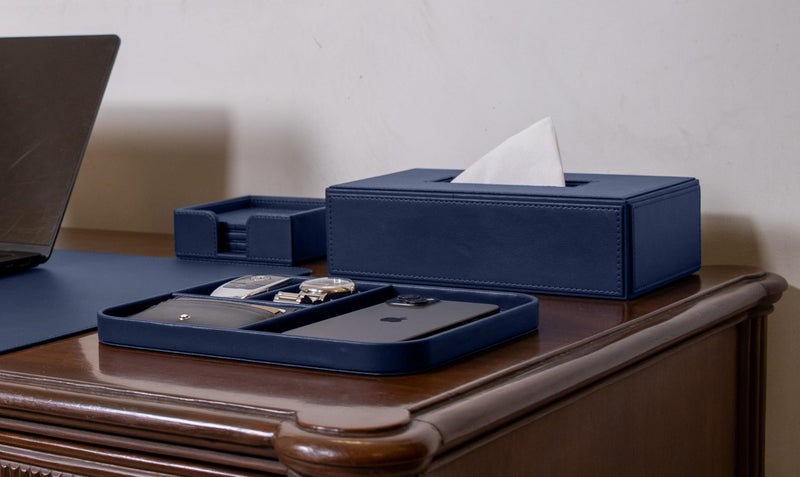 V-CUBE Designs Premium Vegan Leather Executive Set of 6| Multipurpose Personal Desk Organizer| Desk Mat | Valet Tray| Tissue Holder | Pen Holder| Coaster | Mobile Stand for Office Table & Home - Blue - Image 5