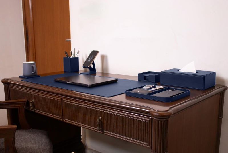 V-CUBE Designs Premium Vegan Leather Executive Set of 6| Multipurpose Personal Desk Organizer| Desk Mat | Valet Tray| Tissue Holder | Pen Holder| Coaster | Mobile Stand for Office Table & Home - Blue - Image 1