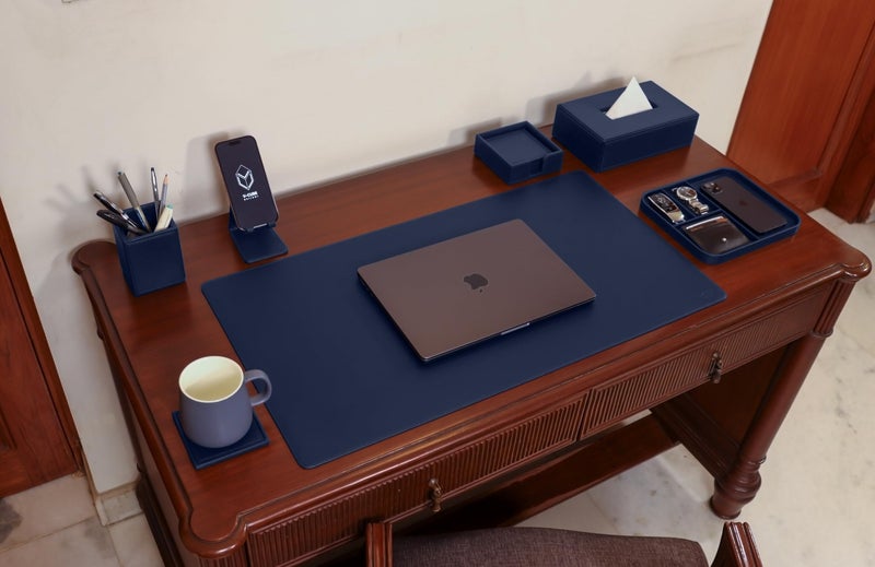 V-CUBE Designs Premium Vegan Leather Executive Set of 6| Multipurpose Personal Desk Organizer| Desk Mat | Valet Tray| Tissue Holder | Pen Holder| Coaster | Mobile Stand for Office Table & Home - Blue - Image 2