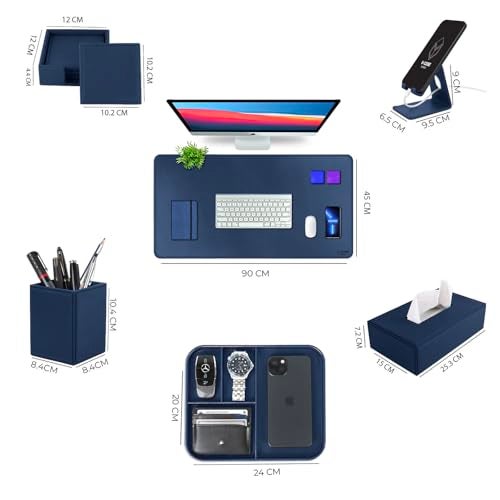 V-CUBE Designs Premium Vegan Leather Executive Set of 6| Multipurpose Personal Desk Organizer| Desk Mat | Valet Tray| Tissue Holder | Pen Holder| Coaster | Mobile Stand for Office Table & Home - Blue - Image 3