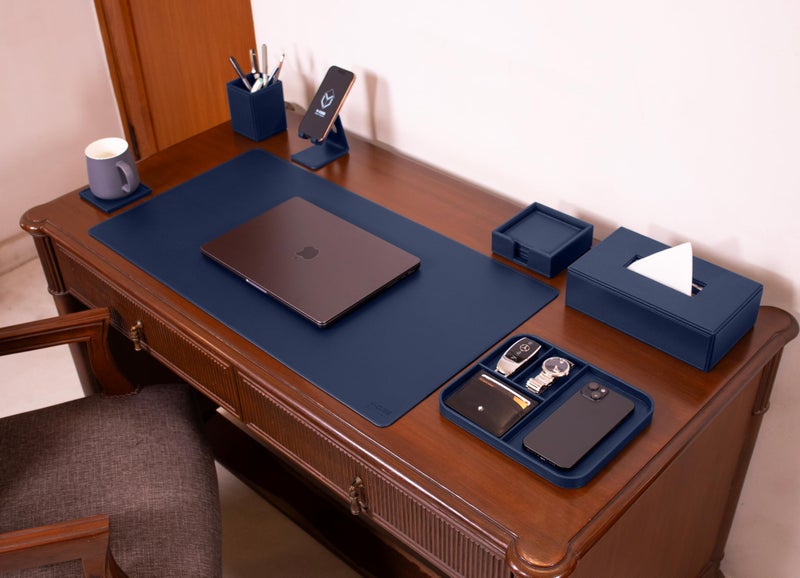V-CUBE Designs Premium Vegan Leather Executive Set of 6| Multipurpose Personal Desk Organizer| Desk Mat | Valet Tray| Tissue Holder | Pen Holder| Coaster | Mobile Stand for Office Table & Home - Blue - Image 4
