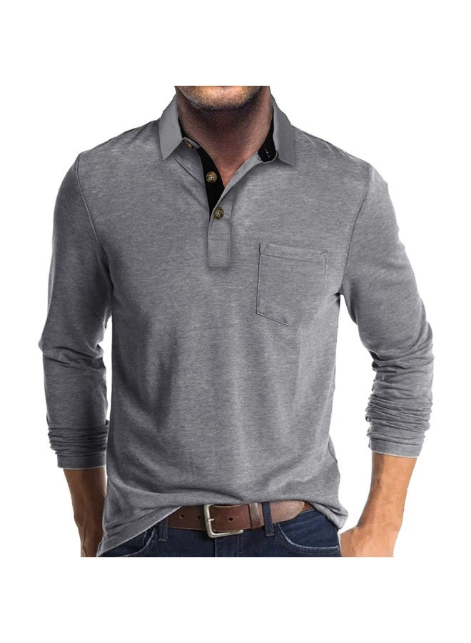 general Men's Casual Polo Shirts Classic Button Basic Long Sleeve Shirt Solid Color Cotton Tees Stylish Tops - Image 1