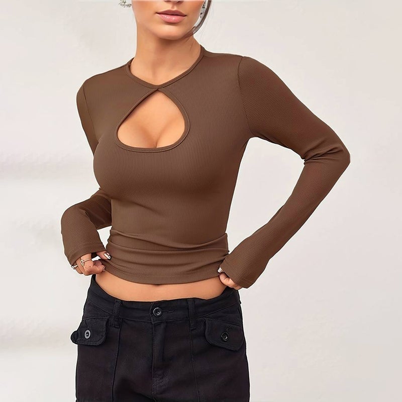 Women's Brown Solid Long Sleeve Slim Fit T-Shirt - Image 3