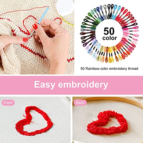 Qroof Embroidery Materials Starter Kit,50 Colour Threads,3 Pcs Bamboo Hoops,2 Pcs Aida Cloth And Cross Stitch Hand Embroidery Beginner Supplies Tool, Multicolour - Image 4