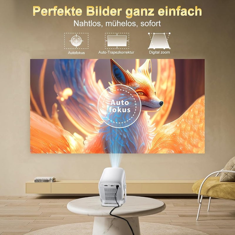 Salange Smart Beamer, 4K FHD 1080P Portable Video Projector, WiFi 6 & BT5.4 Autofocus, Autokeystone, Mini Projector with Android 11.0 Home Cinema, 180° Adjustable Stand, White - Image 3