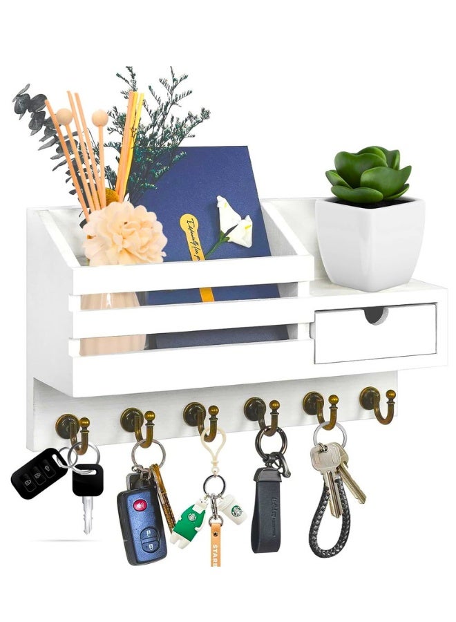 Key and Mail Holder For Wall, Mail Organizer Wall Mount with 6 Hooks and Storage Drawer, Easy Installation Key Rack for Entryway Home Decor (A-White) - Image 1