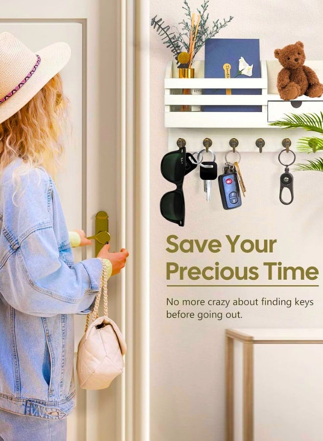 Key and Mail Holder For Wall, Mail Organizer Wall Mount with 6 Hooks and Storage Drawer, Easy Installation Key Rack for Entryway Home Decor (A-White) - Image 3