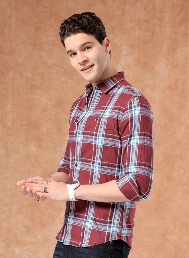 The Indian Garage Co Men Slim Fit Checkered Full Sleeves Cutaway Collar Casual Shirt