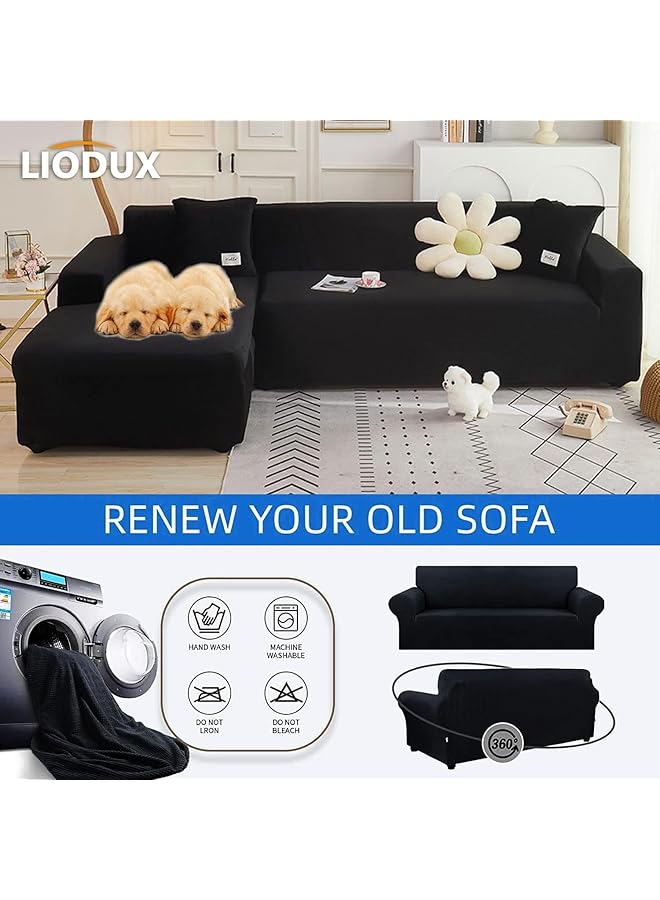 إيروريكس غطاء أريكة مخملي مع كيس وسادة واحد، غطاء أريكة مطاطي مضاد للانزلاق، مناسب للأريكة ذات المقعد الواحد أو على شكل حرف L، واقي أثاث للكلاب والحيوانات الأليفة والأطفال، أسود، مقعد واحد - Image 4