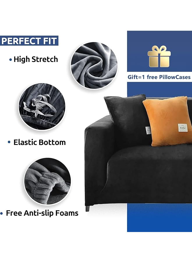 إيروريكس غطاء أريكة مخملي مع كيس وسادة واحد، غطاء أريكة مطاطي مضاد للانزلاق، مناسب للأريكة ذات المقعد الواحد أو على شكل حرف L، واقي أثاث للكلاب والحيوانات الأليفة والأطفال، أسود، مقعد واحد - Image 3