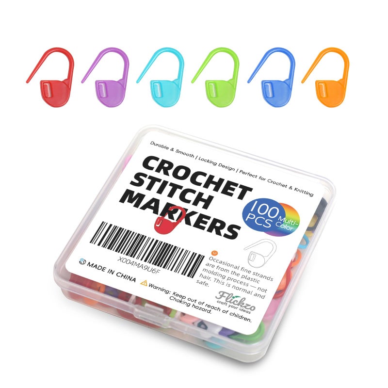 Flickzo 100PCS Crochet Stitch Markers by Flickzo â€“ Locking Stitch Markers with Storage Case, Plastic Safety Pins for Knitting & Crochet, Colorful Yarn Accessories for Crochet Tools & Supplies - Image 1