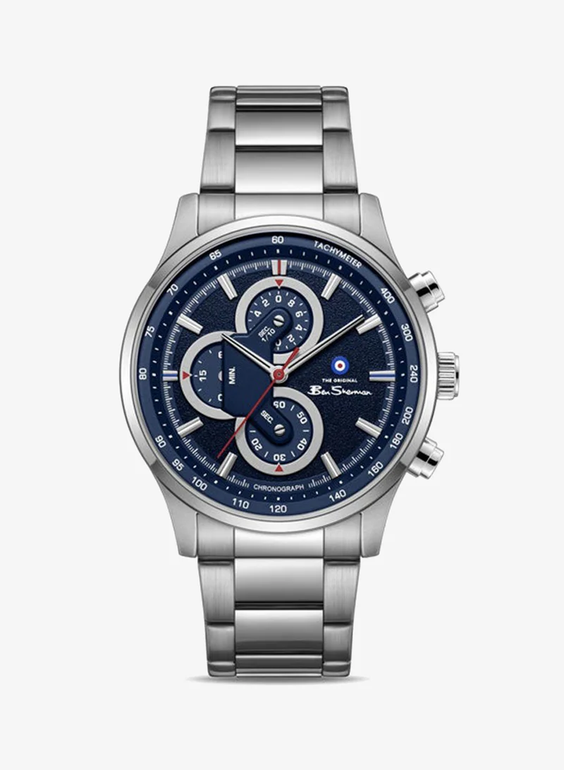 بين شيرمان Brighton Blue Dial Stainless Steel Bracelet Chronograph Watch for Men, 43.5mm