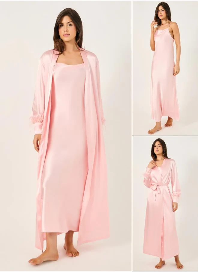 ستايلي Pack of 2 - Faux Feather Trim Robe and Slip Dress