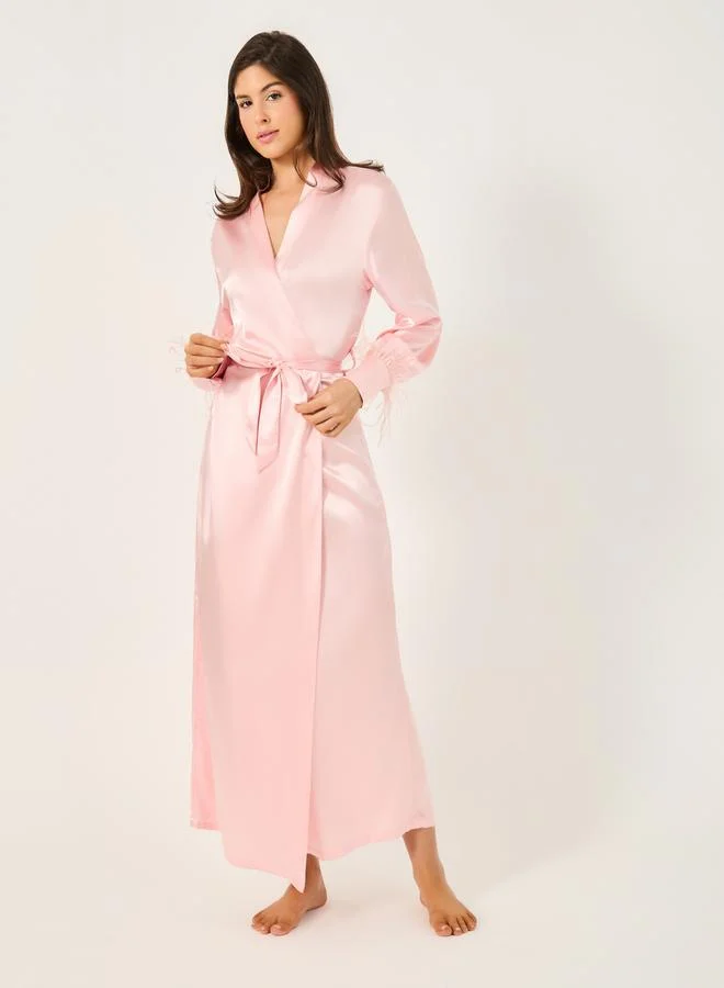 Styli Pack of 2 - Faux Feather Trim Robe and Slip Dress