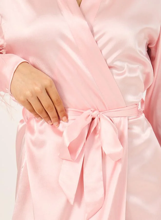Styli Pack of 2 - Faux Feather Trim Robe and Slip Dress