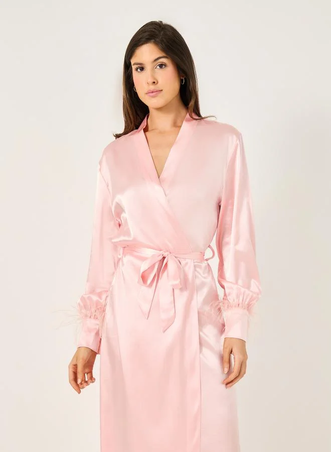 Styli Pack of 2 - Faux Feather Trim Robe and Slip Dress