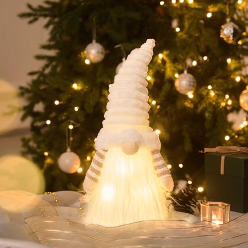 Valery Madelyn Lighted Christmas Tree Topper Gnome with Timer 165 White and Gold Fabric Cute Santa Gnome Tree Topper with LED Lights for Ornaments Christmas Decor Battery Operated Valentines Gift - Image 3