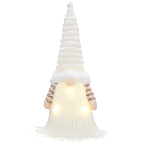 Valery Madelyn Lighted Christmas Tree Topper Gnome with Timer 165 White and Gold Fabric Cute Santa Gnome Tree Topper with LED Lights for Ornaments Christmas Decor Battery Operated Valentines Gift - Image 1