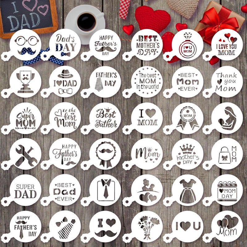 JULBEAR 36 Pieces Reusable Mother's Day Father's Day Cookie Cake Stencils Templates Mold Tools for Mother's Father's Day Birthday Wedding Party Royal Icing Cake Coffee Dessert Decoration Supplies - Image 1