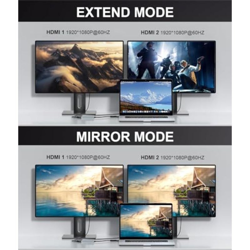 محول HDMI USB 3.0 مزدوج لنظام التشغيل Mac/Windows، سبائك الألومنيوم، أسود، يدعم شاشة مزدوجة ممتدة بدقة 1080 بكسل مع ثلاث شاشات منفصلة - Image 2