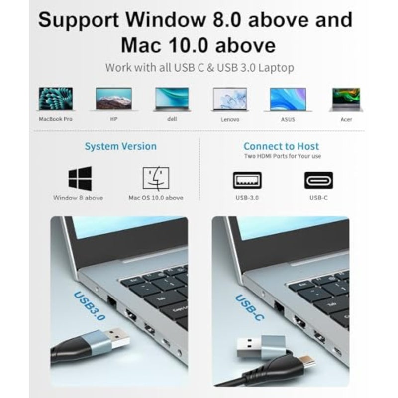 محول HDMI USB 3.0 مزدوج لنظام التشغيل Mac/Windows، سبائك الألومنيوم، أسود، يدعم شاشة مزدوجة ممتدة بدقة 1080 بكسل مع ثلاث شاشات منفصلة - Image 4