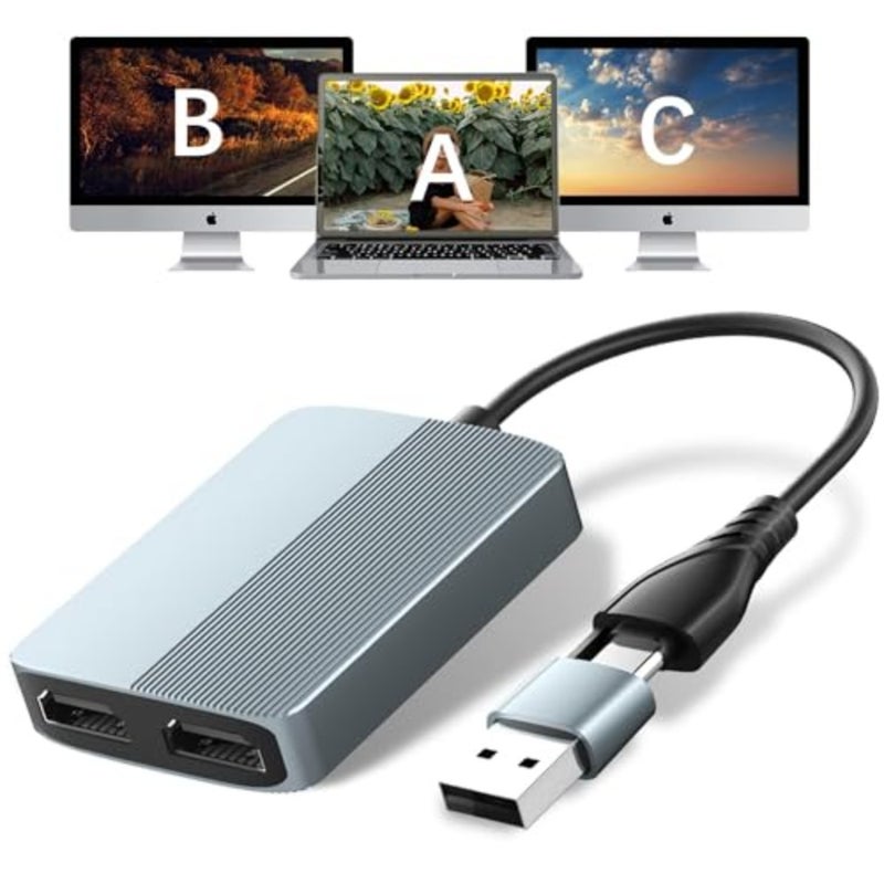 محول HDMI USB 3.0 مزدوج لنظام التشغيل Mac/Windows، سبائك الألومنيوم، أسود، يدعم شاشة مزدوجة ممتدة بدقة 1080 بكسل مع ثلاث شاشات منفصلة - Image 1