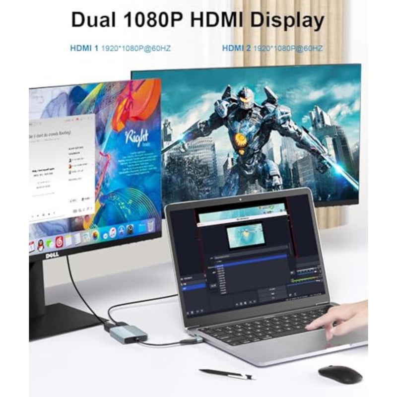 محول HDMI USB 3.0 مزدوج لنظام التشغيل Mac/Windows، سبائك الألومنيوم، أسود، يدعم شاشة مزدوجة ممتدة بدقة 1080 بكسل مع ثلاث شاشات منفصلة - Image 5