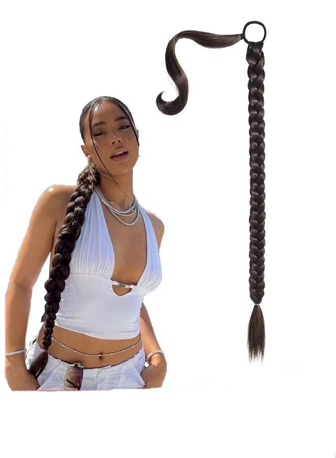 Braid Ponytail Extension with Elastic Tie, Straight Sleek Wrap Around Braid, Hair Extensions Ponytail, Natural Soft Synthetic Hairpiece (Black Brown 29 Inch) - Image 1