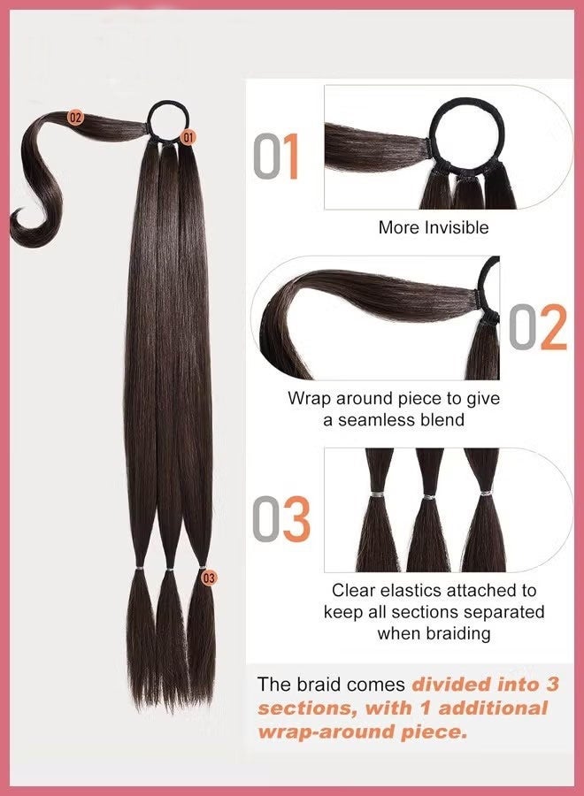 Braid Ponytail Extension with Elastic Tie, Straight Sleek Wrap Around Braid, Hair Extensions Ponytail, Natural Soft Synthetic Hairpiece (Black Brown 29 Inch) - Image 2