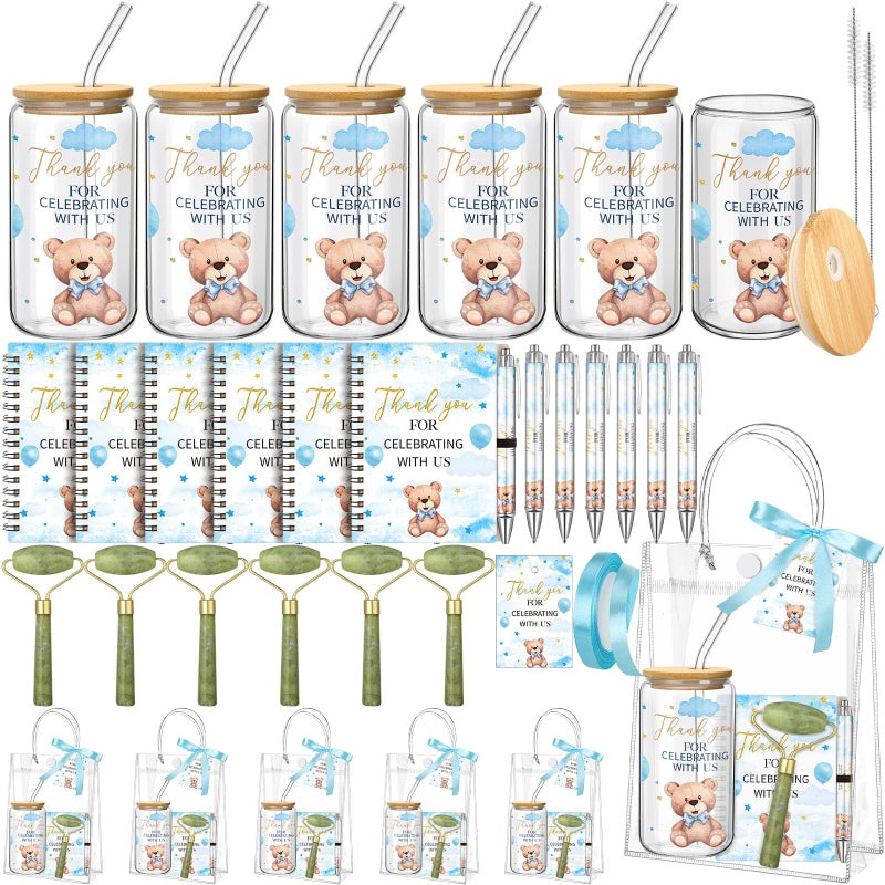 Reallnaive 6 Set Bear Baby Shower Game Prizes for Player Winners Tumblers with Lids Straws Roller for Face Pens Spiral Notebooks Gift Bags for Baby Bridal Shower Wedding Game Favors - Image 1