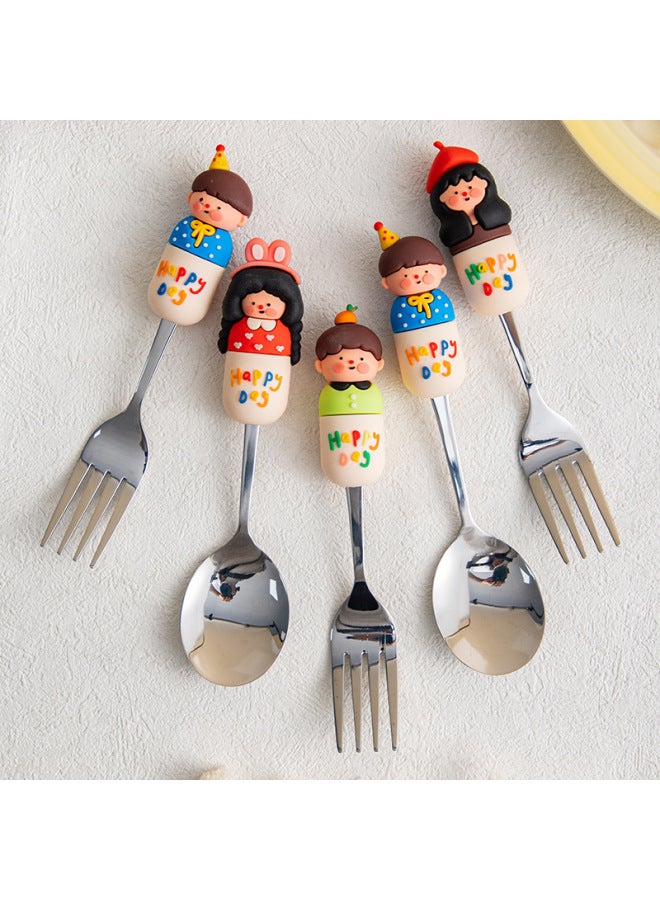 MOE Fun 304 Boys And Girls Spoon Fork Creative Silicone Handle Stainless Steel Spoon High Color Value Stainless Steel Spoon-Color:Pink Hoop Girl Spoon  - Image 3