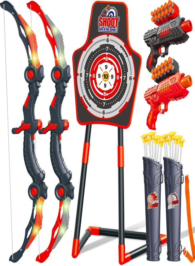 GMAOPHY Bow and Arrow for 5 6 7 8 9 10 11+ Year Old Boys, Birthday Gift for Kids, Indoor Outdoor Activity Toys, 2 Pack LED Light Up Archery Toy with 20 Suction Cup Arrows, Standing Target, 2 Quiver - Image 1