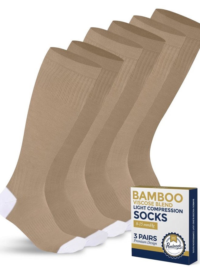 Pembrook Bamboo Viscose Light Compression Socks - 3 Pairs | Mens and Womens Compression Socks 8-15 mmHg | Circulation Support | TanTn-3P - Image 1