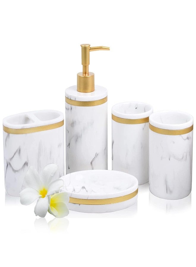 Jung Ford 5-Piece Bathroom Counter Top Accessory Set - Dispenser for Liquid Soap or Lotion, Soap Dish, 2 Tumblers and Toothbrush Holder, Marble Pattern Resin (Classic White) - Image 1