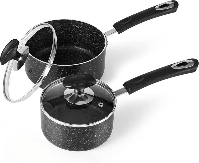 HooJay Nonstick Saucepan Set with Lid, Non Stick 1Qt & 2Qt Sauce Pan Set with Glass Lid Small Pot for Home Kitchen - Image 1