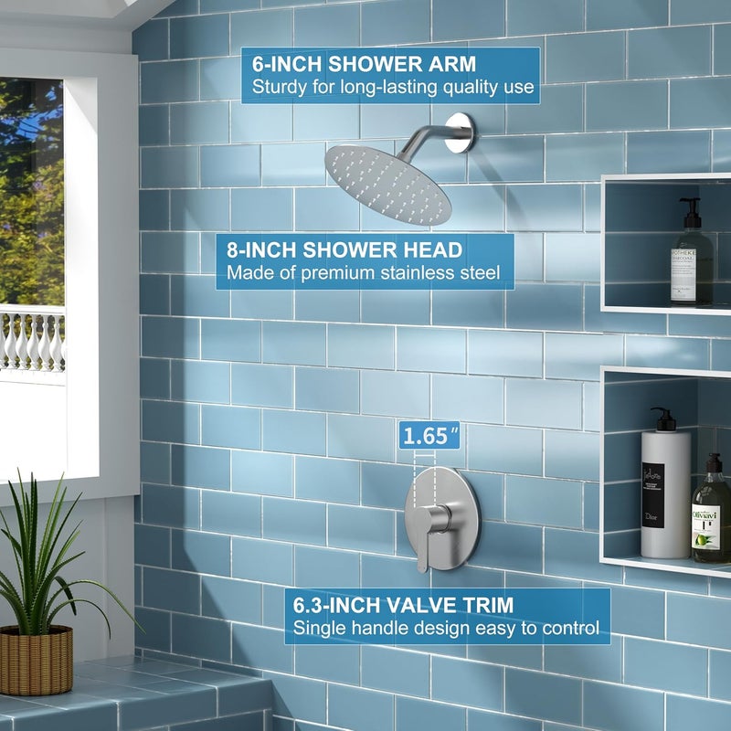 HoliSpa Shower Faucet, Brushed Nickel Shower Faucet Set with 8-Inch Rainfall Showerhead, Single-Handle Shower-Trim Kit Included Valve, Brushed Nickel - Image 4