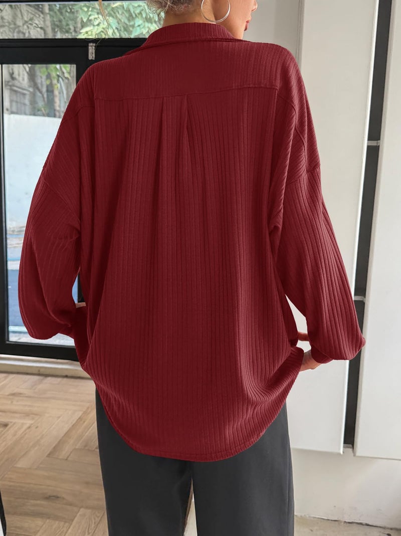 Fisoew Womens Oversized Deep V Neck Sweatshirts Casual Collared Long Sleeve Ribbed Knit Pullover Tops - Image 5