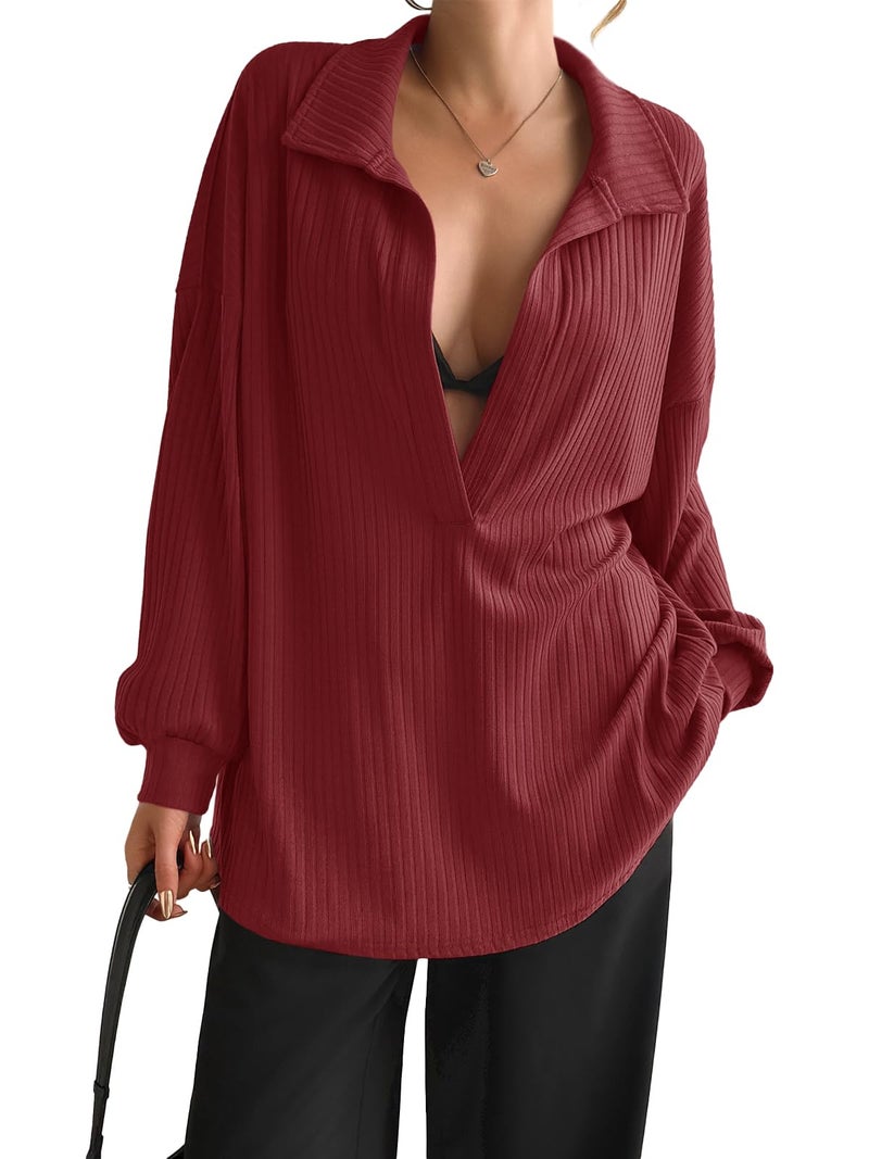 Fisoew Womens Oversized Deep V Neck Sweatshirts Casual Collared Long Sleeve Ribbed Knit Pullover Tops - Image 1