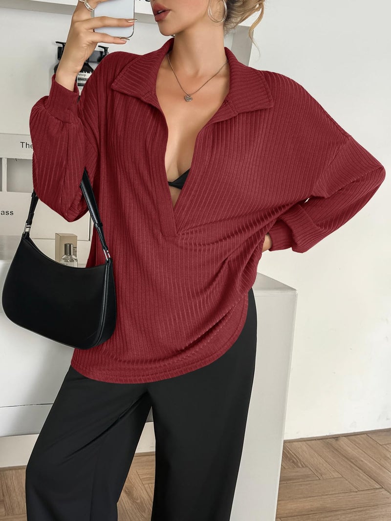 Fisoew Womens Oversized Deep V Neck Sweatshirts Casual Collared Long Sleeve Ribbed Knit Pullover Tops - Image 4