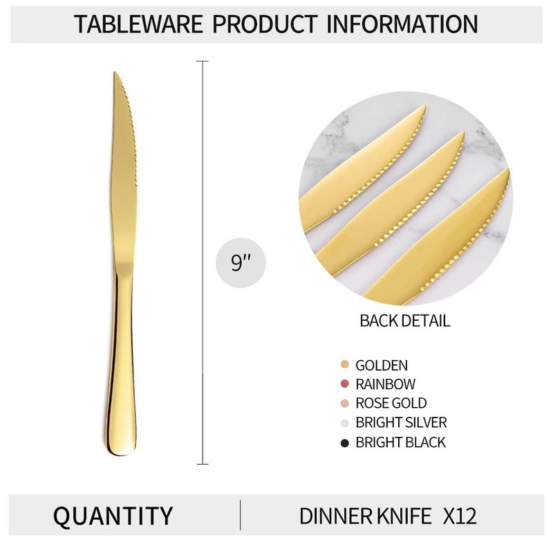 Xingjiake 12-Piece Gold Steak Knives  Steak Knives Set Of 12  Stainless Steak Knives  Serrated Butter Knife  Dinner Knives Set  Dishwasher Safe - Image 2