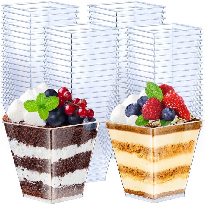 DESSERT CUPS 8 OZ CLEAR PLASTIC APPETIZER CUPS SMALL SQUARE DESSERT BOWLS MINI SERVING CUPS FOR TASTING BABY SHOWER WEDDING BIRTHDAY FAVOR 200 PCS