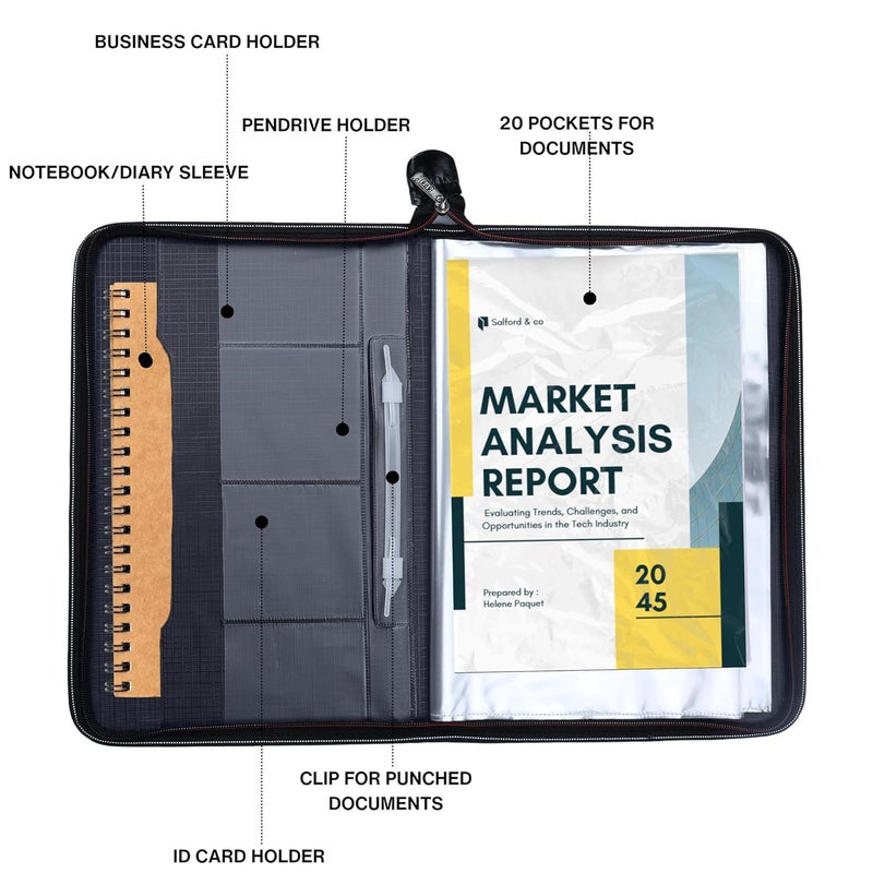 sps Premium PU Leather File Folder | 20 Sleeves for A4 & FC Size Documents | Black - Image 2