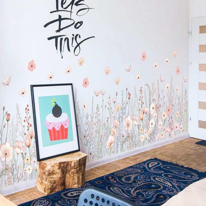 DRWSSR 2 Pack Floral Baseboard Wall Stickers - Removable Peel & Stick Decals (3 Styles: Reeds, Flowers, Dandelions) - DIY Home Decor for Kids Girls Walls, Nursery, Classroom Wall Corner (Flower) - Image 3