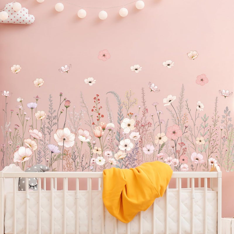 DRWSSR 2 Pack Floral Baseboard Wall Stickers - Removable Peel & Stick Decals (3 Styles: Reeds, Flowers, Dandelions) - DIY Home Decor for Kids Girls Walls, Nursery, Classroom Wall Corner (Flower) - Image 1