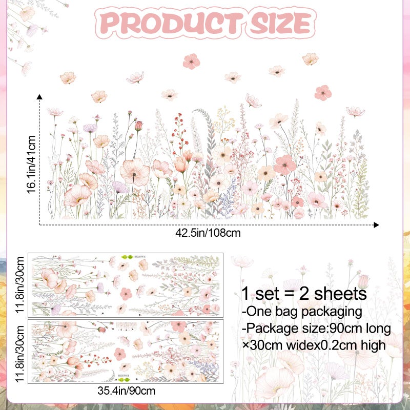 DRWSSR 2 Pack Floral Baseboard Wall Stickers - Removable Peel & Stick Decals (3 Styles: Reeds, Flowers, Dandelions) - DIY Home Decor for Kids Girls Walls, Nursery, Classroom Wall Corner (Flower) - Image 2