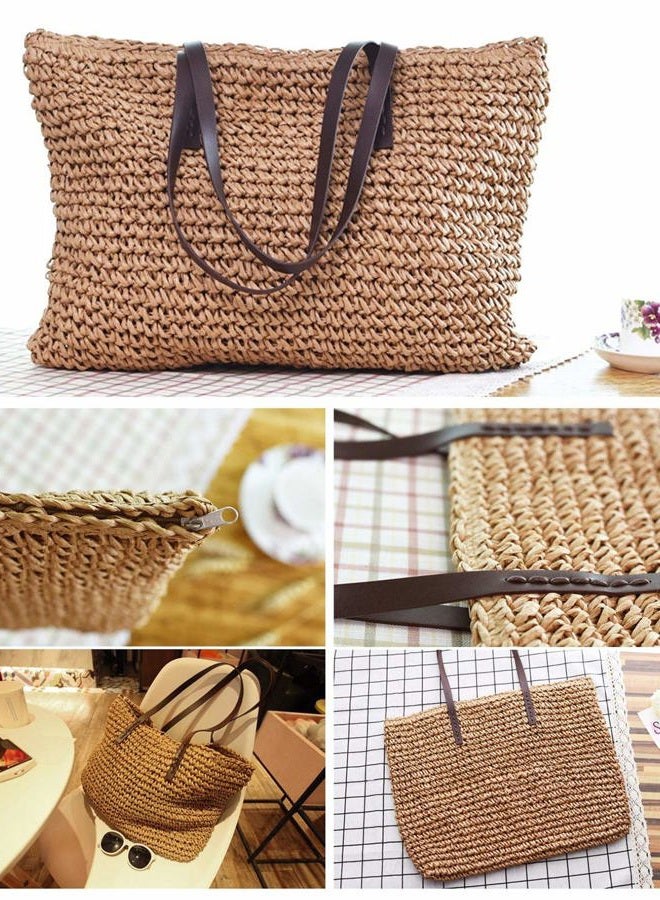 Ayliss Women Straw Woven Tote Large Beach Handmade Weaving Shoulder Bag Handbag (Khaki) - Image 2