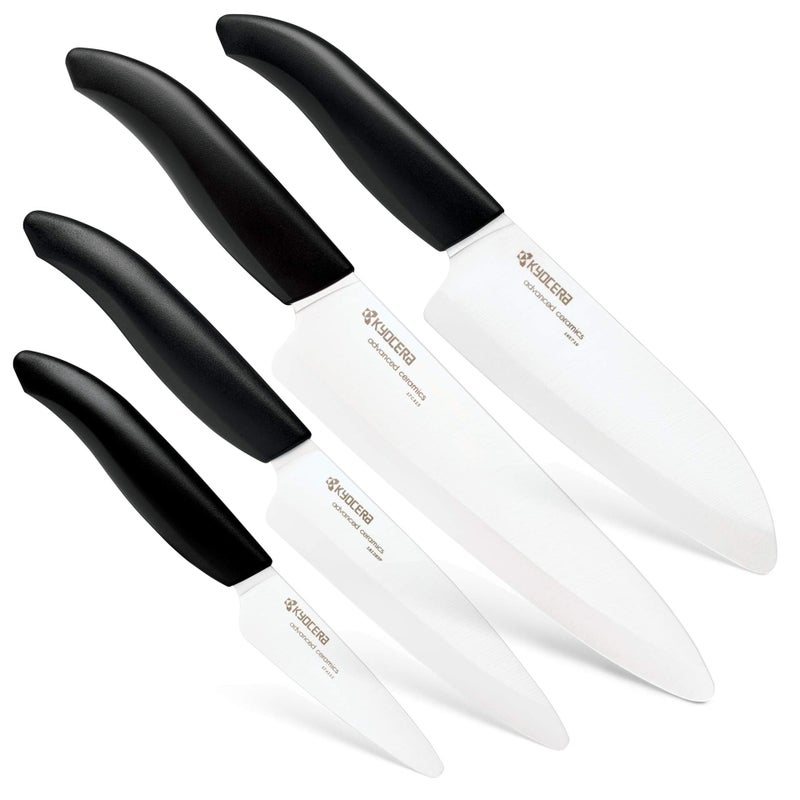 Kyocera’s Revolution 4-Piece Ceramic Knife Set: Ceramic Chef Knife For Your Cooking Needs, 7" Chef's Santoku, 5.5" Santoku, 4.5" Utility & 3" Paring Knives, Black/White - Image 1