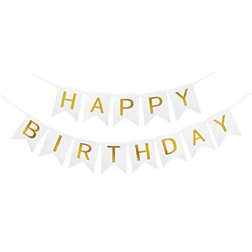 Blukey Happy Birthday Banner With Shiny Gold Letters, Swallowtail Design Hanging Signs Party Decorations (White) - Image 1
