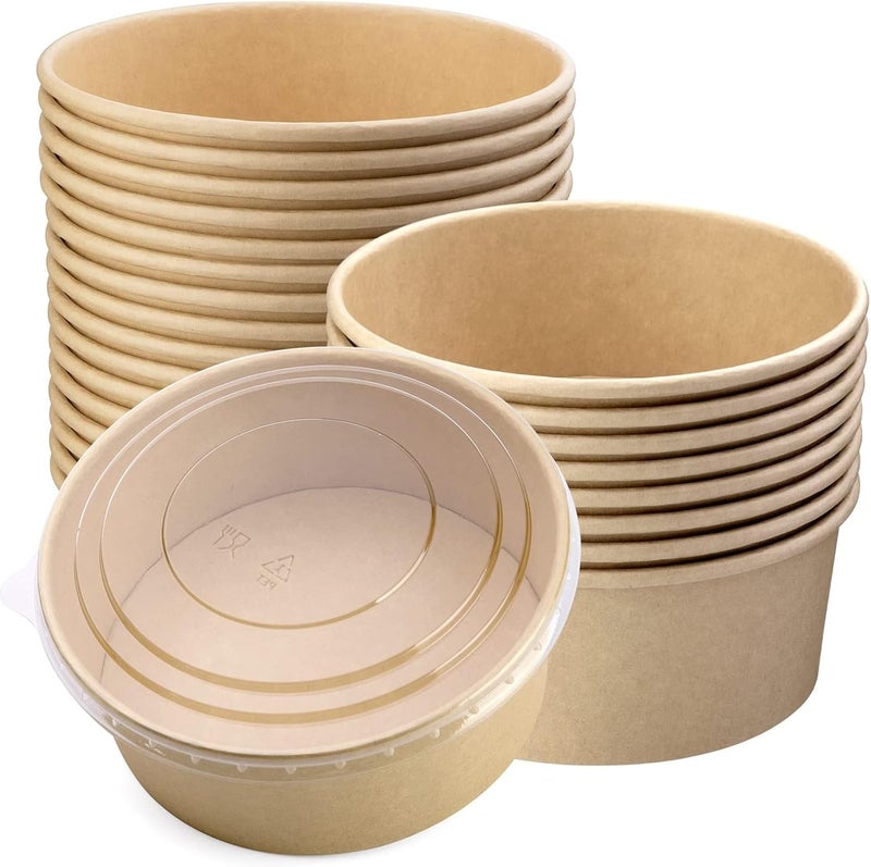 Giwrmu Paper Salad Bowls with Clear Lids, 1100 ML Disposable Food Containers, Round Shape Kraft Paper Food Cups for Salad, Ice Cream, Yogurt (37 oz 25 Pcs with Lids) - Image 1