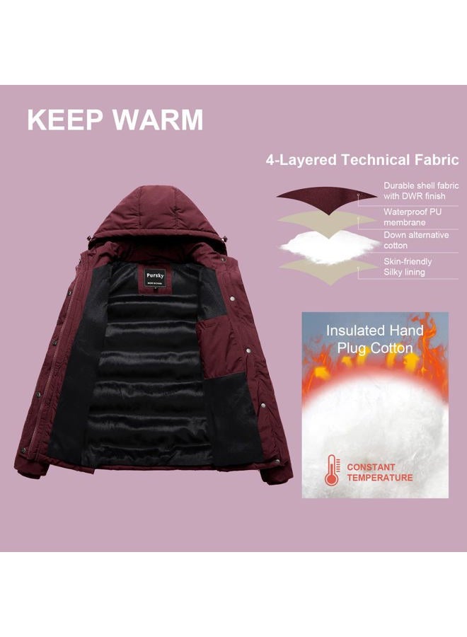 Pursky Women's Warm Winter Thicken Coat Waterproof Cropped Jackets Parka With Removable Hood, Burgundy, Large - Image 3
